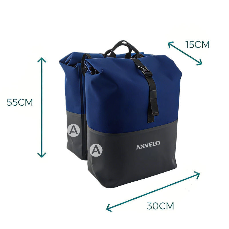 Sacoche double pour vélo 50 L étanche et réfléchissante avec fermeture par enroulement ​​Rangement pour vélo électrique